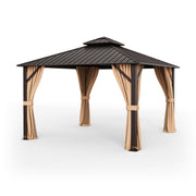 Costway - 12 x 12 Feet Double-Roof Patio Hardtop Gazebo with Galvanized Steel Roof Netting and Curtains-Coffee
