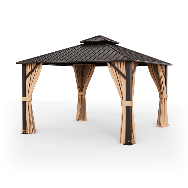 Costway - 12 x 12 Feet Double-Roof Patio Hardtop Gazebo with Galvanized Steel Roof Netting and Curtains-Coffee