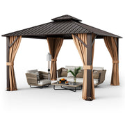 Costway - 12 x 12 Feet Double-Roof Patio Hardtop Gazebo with Galvanized Steel Roof Netting and Curtains-Coffee