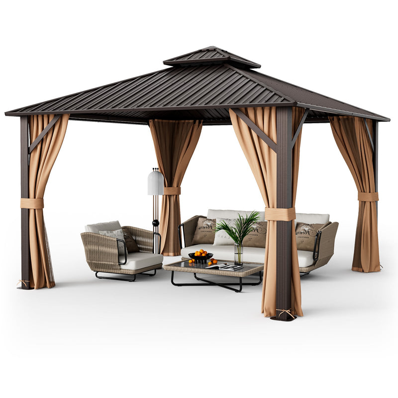 Costway - 12 x 12 Feet Double-Roof Patio Hardtop Gazebo with Galvanized Steel Roof Netting and Curtains-Coffee