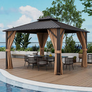 Costway - 12 x 12 Feet Double-Roof Patio Hardtop Gazebo with Galvanized Steel Roof Netting and Curtains-Coffee