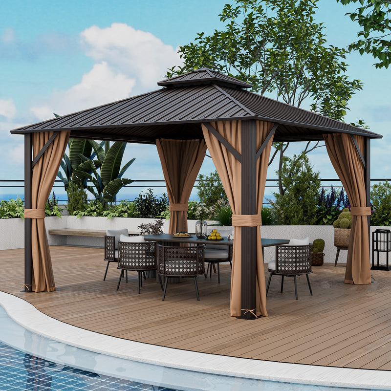 Costway - 12 x 12 Feet Double-Roof Patio Hardtop Gazebo with Galvanized Steel Roof Netting and Curtains-Coffee