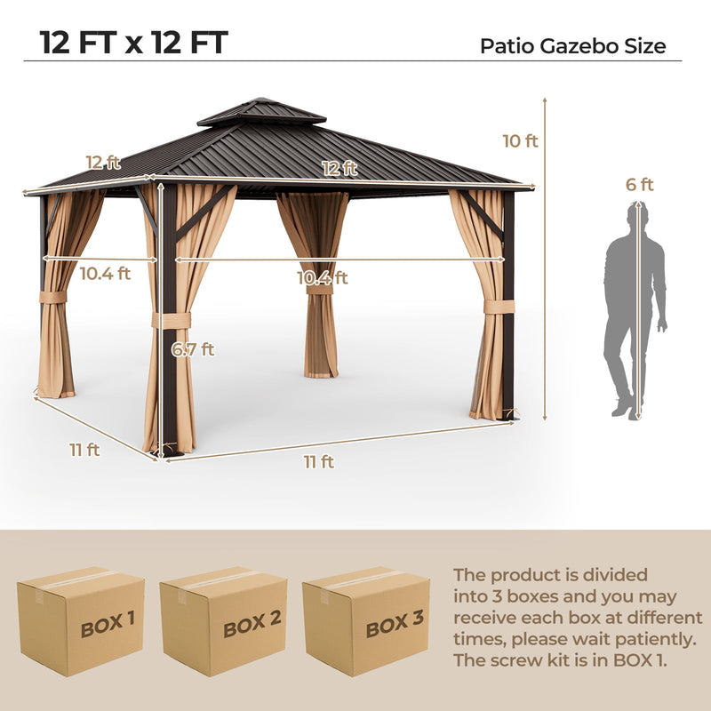 Costway - 12 x 12 Feet Double-Roof Patio Hardtop Gazebo with Galvanized Steel Roof Netting and Curtains-Coffee