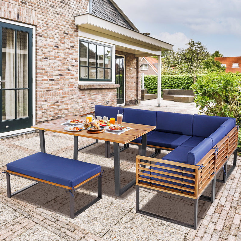 Costway - 8 Pieces Patio Acacia Wood Dining Table Set with Ottoman Cushions-Navy