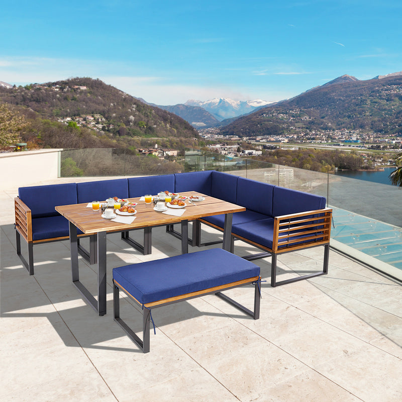 Costway - 8 Pieces Patio Acacia Wood Dining Table Set with Ottoman Cushions-Navy
