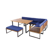 Costway - 8 Pieces Patio Acacia Wood Dining Table Set with Ottoman Cushions-Navy