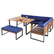 Costway - 8 Pieces Patio Acacia Wood Dining Table Set with Ottoman Cushions-Navy