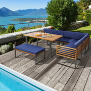 Costway - 8 Pieces Patio Acacia Wood Dining Table Set with Ottoman Cushions-Navy