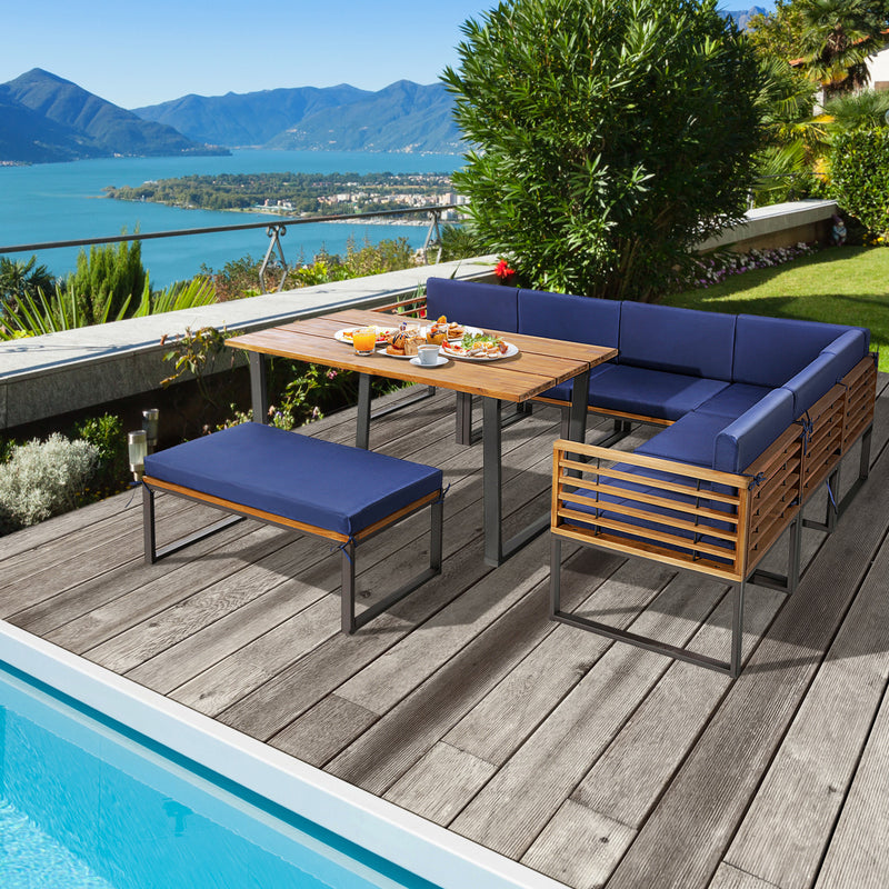 Costway - 8 Pieces Patio Acacia Wood Dining Table Set with Ottoman Cushions-Navy