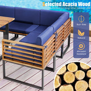Costway - 8 Pieces Patio Acacia Wood Dining Table Set with Ottoman Cushions-Navy