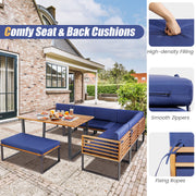 Costway - 8 Pieces Patio Acacia Wood Dining Table Set with Ottoman Cushions-Navy