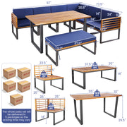 Costway - 8 Pieces Patio Acacia Wood Dining Table Set with Ottoman Cushions-Navy
