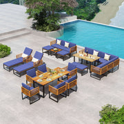 Costway - 8 Pieces Patio Acacia Wood Dining Table Set with Ottoman Cushions-Navy
