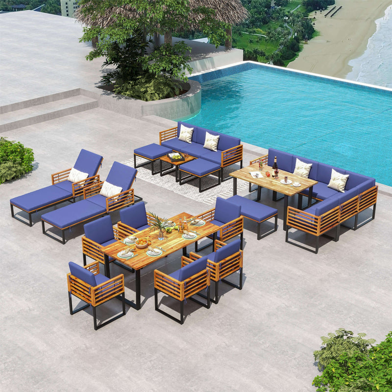 Costway - 8 Pieces Patio Acacia Wood Dining Table Set with Ottoman Cushions-Navy