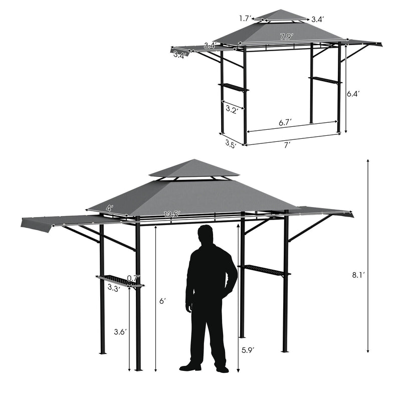 Costway - 13.5 x 4 Feet Patio BBQ Grill Gazebo Canopy with Dual Side Awnings-Gray