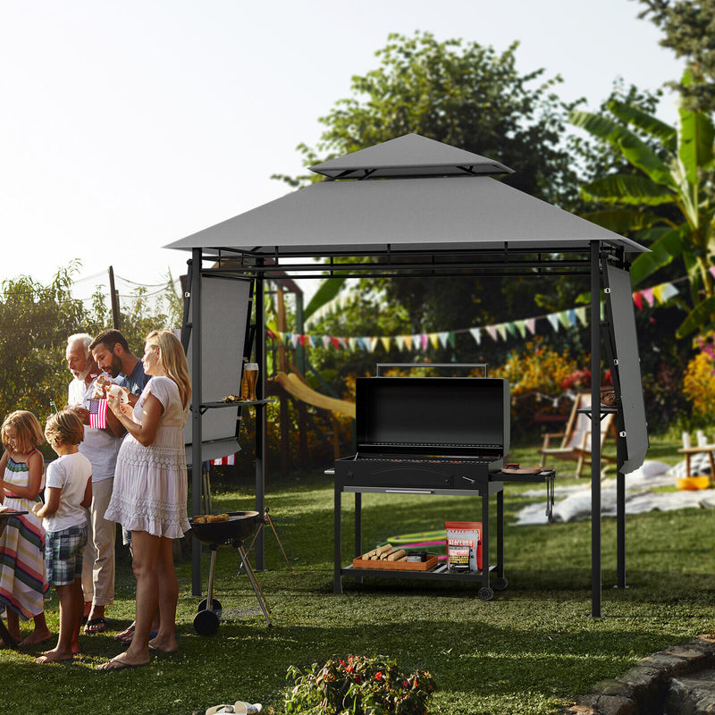 Costway - 13.5 x 4 Feet Patio BBQ Grill Gazebo Canopy with Dual Side Awnings-Gray