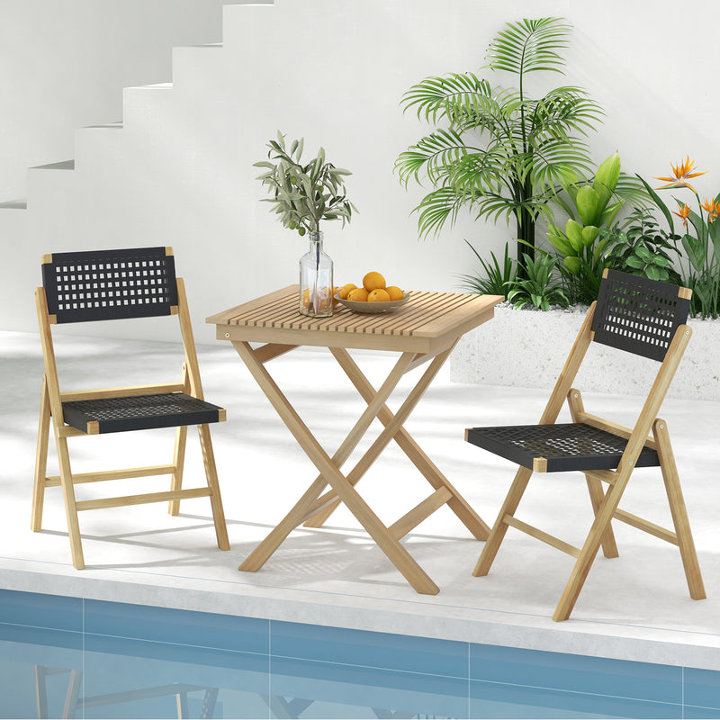 Costway - Set of 2 Folding Chairs Indonesia Teak Wood Dining Chairs with Woven Rope Seat and Back