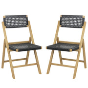 Costway - Set of 2 Folding Chairs Indonesia Teak Wood Dining Chairs with Woven Rope Seat and Back