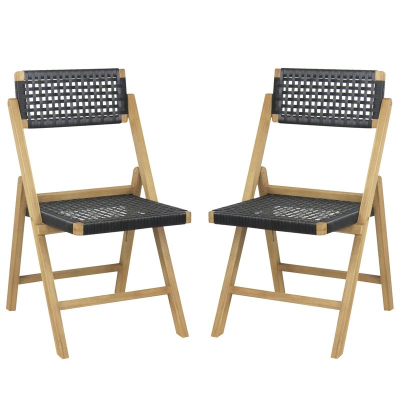 Costway - Set of 2 Folding Chairs Indonesia Teak Wood Dining Chairs with Woven Rope Seat and Back