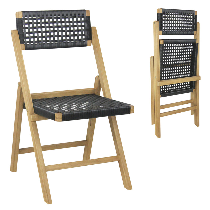 Costway - Set of 2 Folding Chairs Indonesia Teak Wood Dining Chairs with Woven Rope Seat and Back
