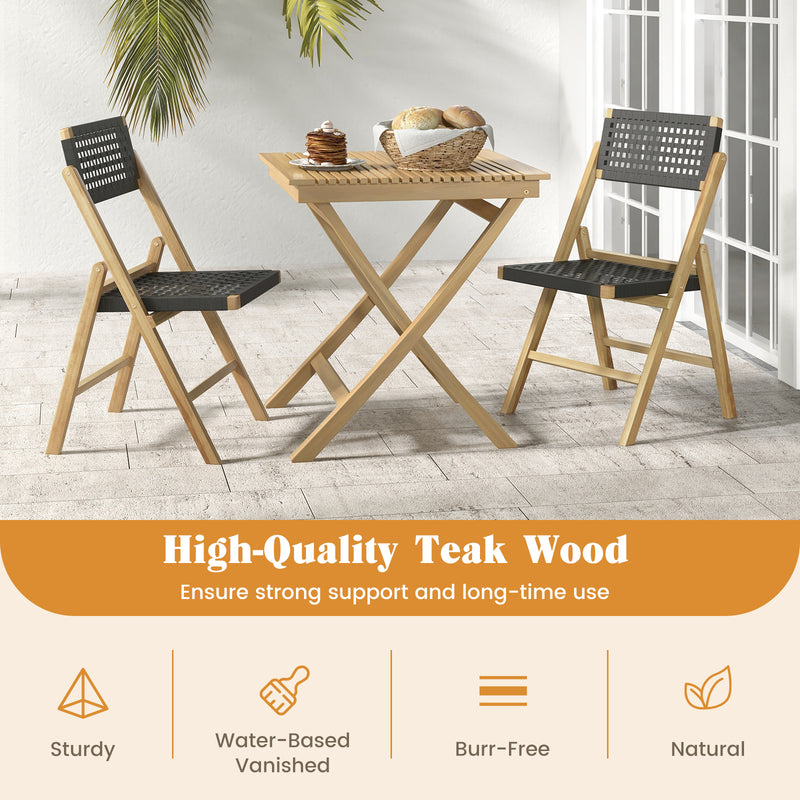 Costway - Set of 2 Folding Chairs Indonesia Teak Wood Dining Chairs with Woven Rope Seat and Back