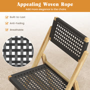 Costway - Set of 2 Folding Chairs Indonesia Teak Wood Dining Chairs with Woven Rope Seat and Back