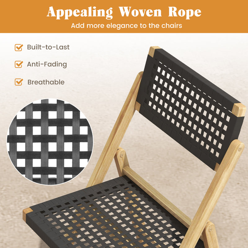 Costway - Set of 2 Folding Chairs Indonesia Teak Wood Dining Chairs with Woven Rope Seat and Back