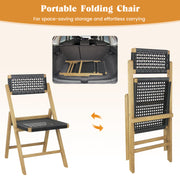 Costway - Set of 2 Folding Chairs Indonesia Teak Wood Dining Chairs with Woven Rope Seat and Back