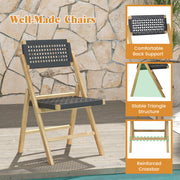 Costway - Set of 2 Folding Chairs Indonesia Teak Wood Dining Chairs with Woven Rope Seat and Back