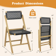 Costway - Set of 2 Folding Chairs Indonesia Teak Wood Dining Chairs with Woven Rope Seat and Back