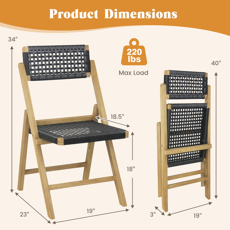 Costway - Set of 2 Folding Chairs Indonesia Teak Wood Dining Chairs with Woven Rope Seat and Back