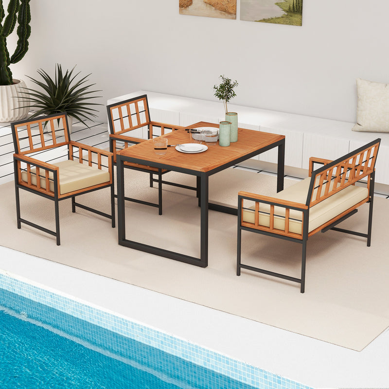 Costway - 4 Pieces Acacia Wood Patio Dining Set with 1 Rectangular Table
