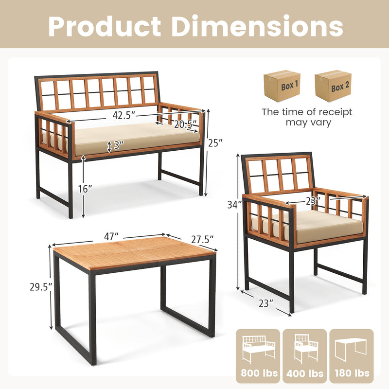 Costway - 4 Pieces Acacia Wood Patio Dining Set with 1 Rectangular Table