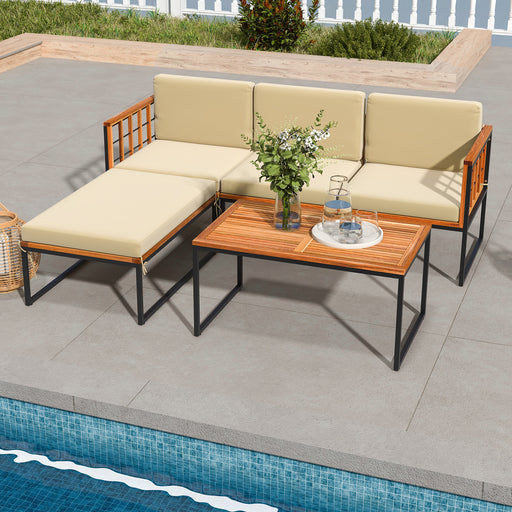Costway - 5 Pieces Patio Furniture Set Acacia Wood Sectional Set with Heavy-Duty Metal Frame-Beige
