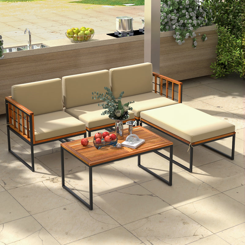 Costway - 5 Pieces Patio Furniture Set Acacia Wood Sectional Set with Heavy-Duty Metal Frame-Beige