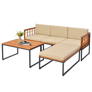 Costway - 5 Pieces Patio Furniture Set Acacia Wood Sectional Set with Heavy-Duty Metal Frame-Beige