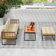 Costway - 5 Pieces Patio Furniture Set Acacia Wood Sectional Set with Heavy-Duty Metal Frame-Beige