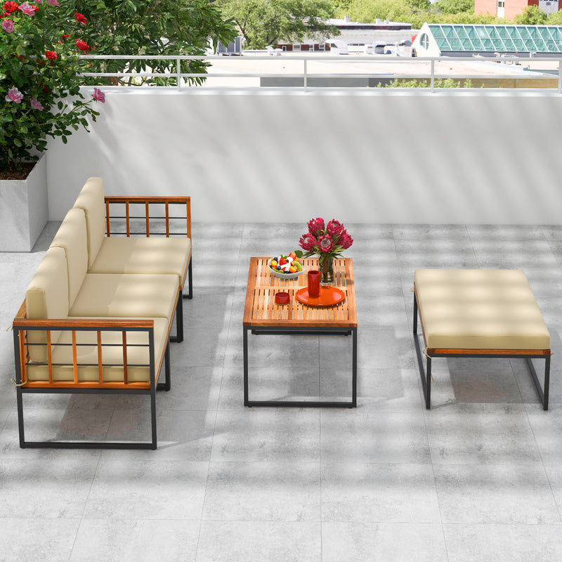 Costway - 5 Pieces Patio Furniture Set Acacia Wood Sectional Set with Heavy-Duty Metal Frame-Beige