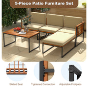 Costway - 5 Pieces Patio Furniture Set Acacia Wood Sectional Set with Heavy-Duty Metal Frame-Beige