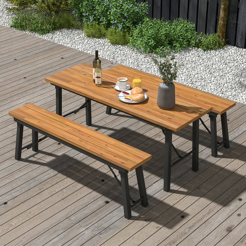 Costway - Outdoor Dining Table and Bench Set with Acacia Wood Top for Yard Garden Poolside