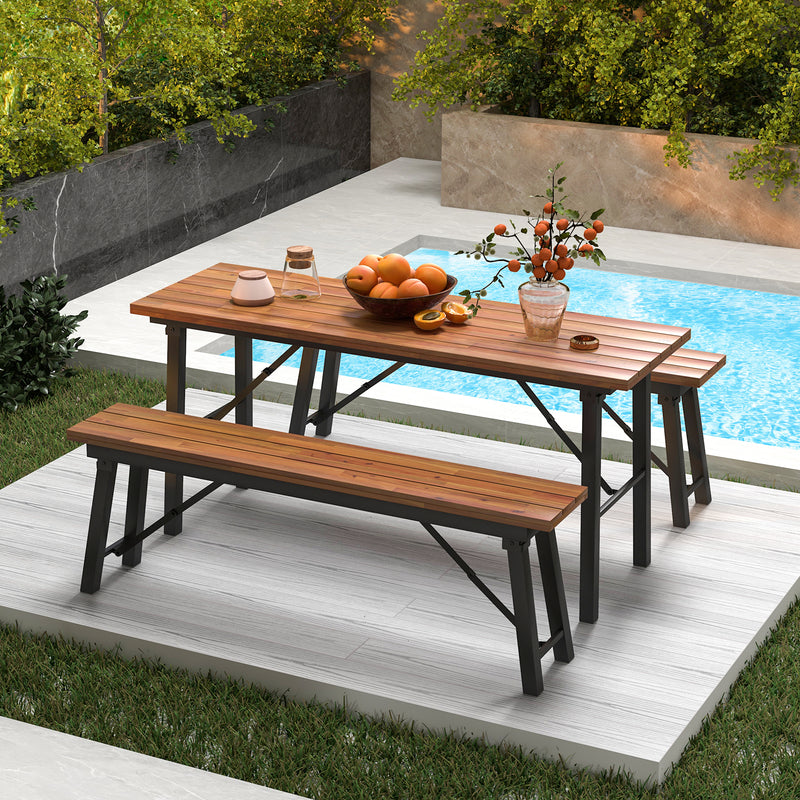 Costway - Outdoor Dining Table and Bench Set with Acacia Wood Top for Yard Garden Poolside