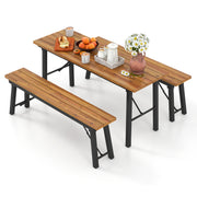 Costway - Outdoor Dining Table and Bench Set with Acacia Wood Top for Yard Garden Poolside