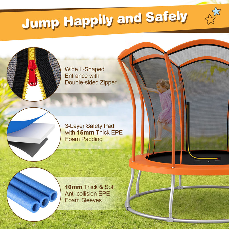 Costway - 8 Feet Outdoor Unique Flower Shape Trampoline with Enclosure Net-Orange