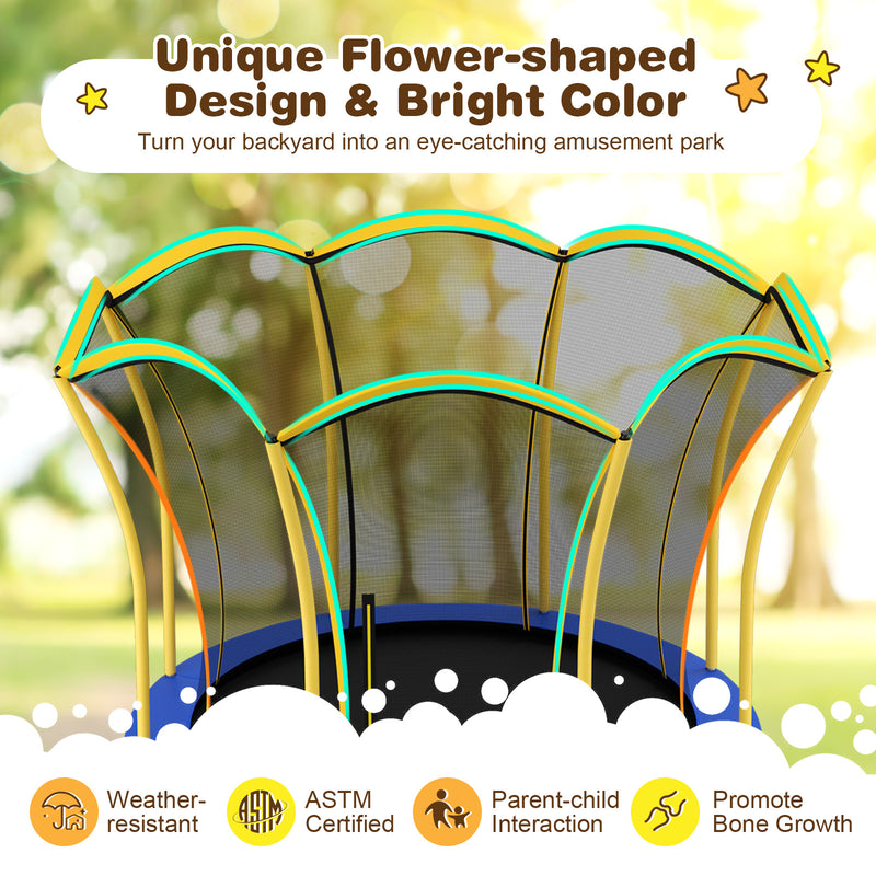 Costway - 8 Feet Outdoor Unique Flower Shape Trampoline with Enclosure Net-Yellow