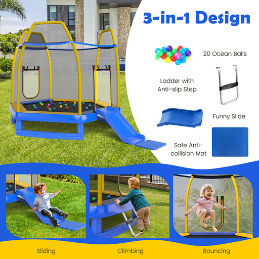 Costway - 7 Feet Trampoline with Ladder and Slide for Indoor and Outdoor-Blue