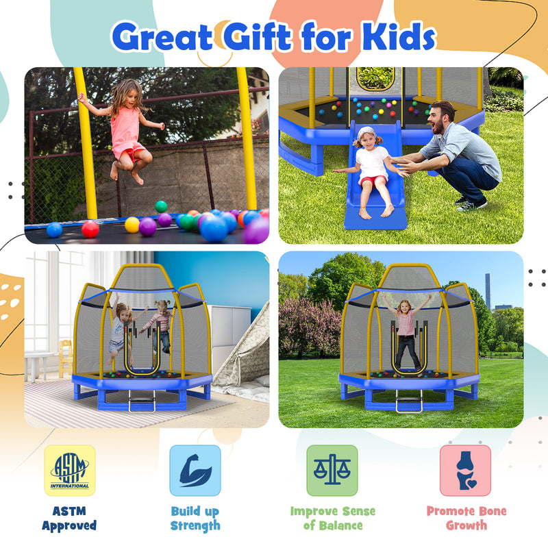 Costway - 7 Feet Trampoline with Ladder and Slide for Indoor and Outdoor-Blue