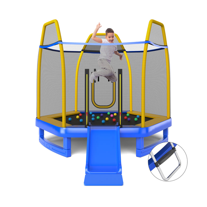 Costway - 7 Feet Trampoline with Ladder and Slide for Indoor and Outdoor-Blue