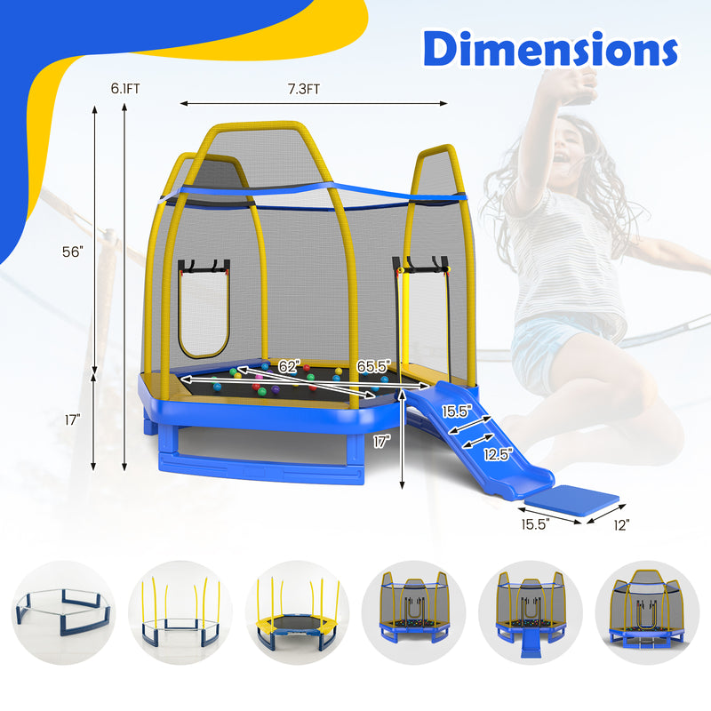 Costway - 7 Feet Trampoline with Ladder and Slide for Indoor and Outdoor-Blue