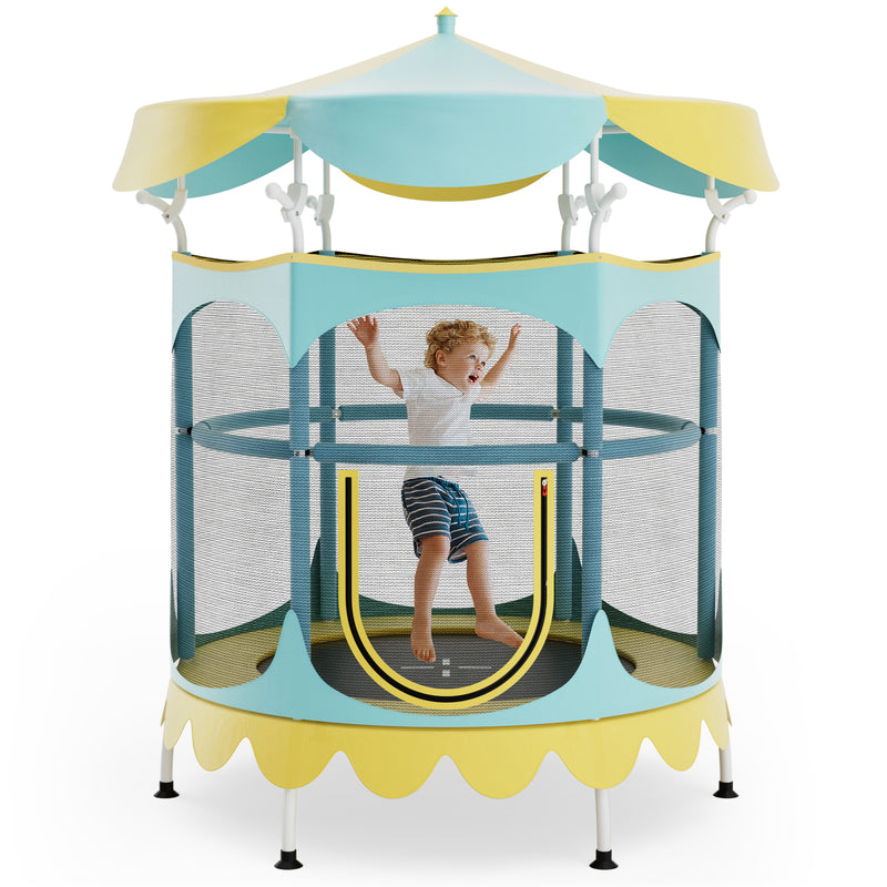 Costway - 64 Inch Kids Trampoline with Detachable Canopy and Safety Enclosure Net-Yellow