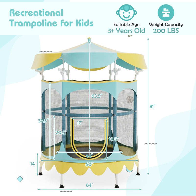 Costway - 64 Inch Kids Trampoline with Detachable Canopy and Safety Enclosure Net-Yellow